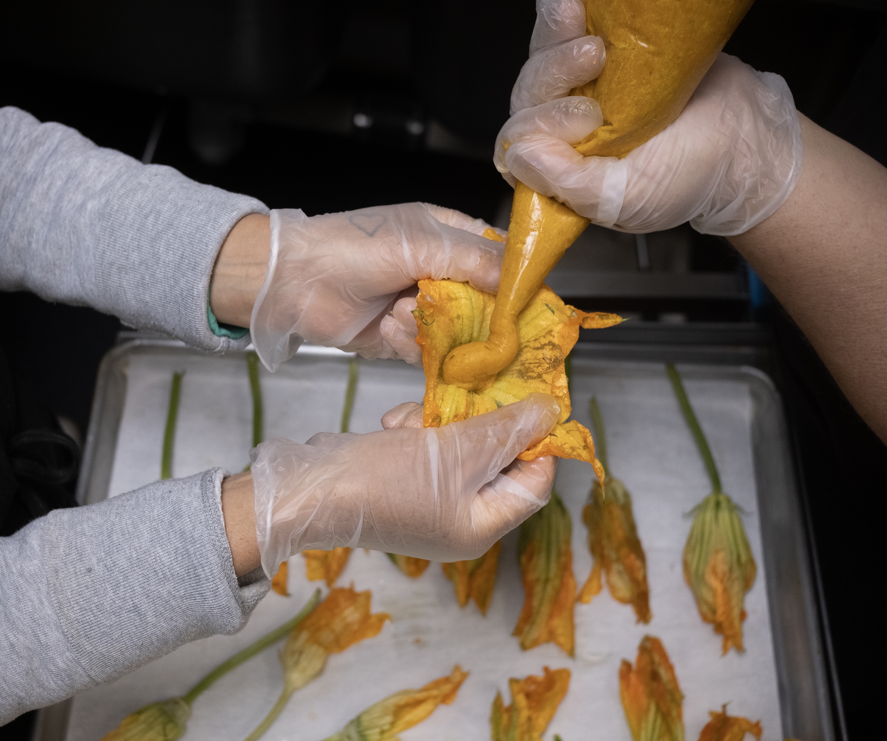 Stuffing squash blossoms for the taste feast