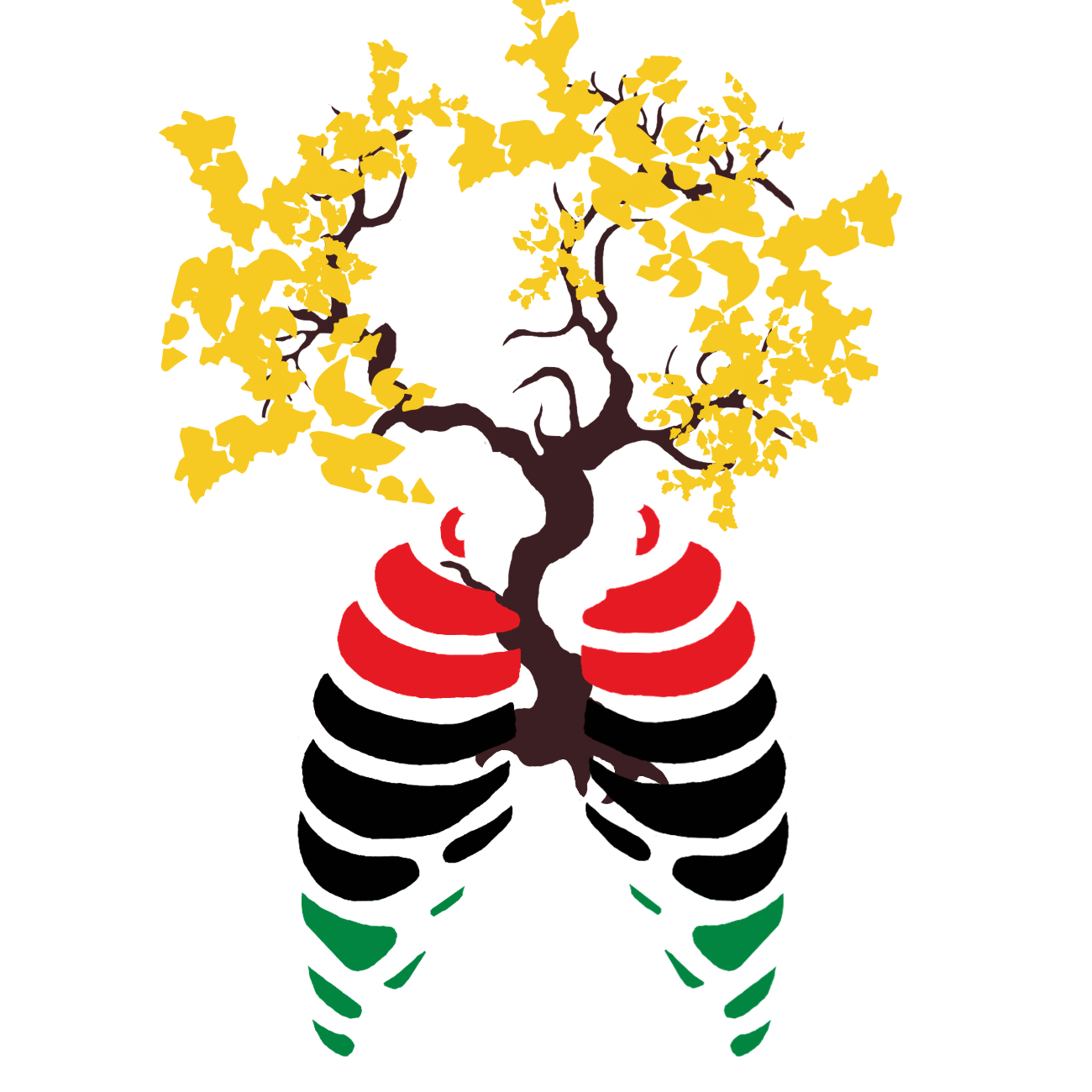 golden tree growing out of red black and green ribs